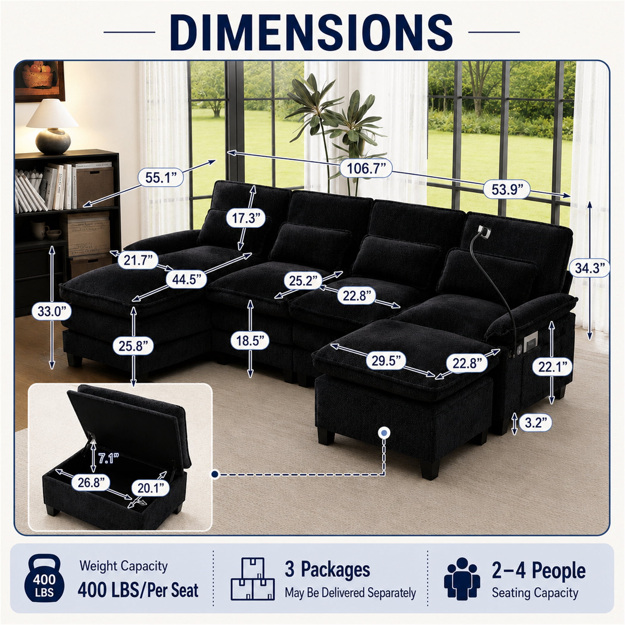 Aukfa 106" Sectional Sofa Deep Seat U shape Couch for Living Room, USB&Type-C Ports, 4 Lumbar Pillows, Storage Ottoman, Overstuffed Chenille, Black