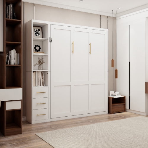 Queen Size Murphy Wall Bed with Single Side Cabinet, Invisible Automatic Bed Frame, Space Saving Home Furniture