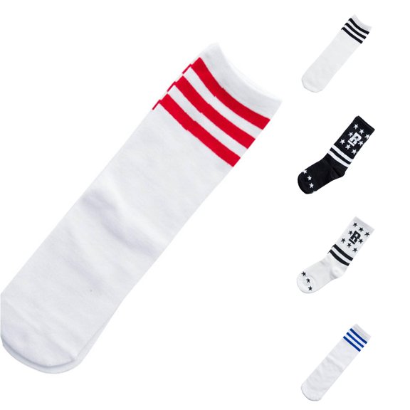 CUZIBR Summer Fall Boys Crew Socks With Star Print Letter Double Stripes Hip Hop Street Style Casual Cotton Mid Calf Socks For Teenagers Back To School Dailywear,One Size