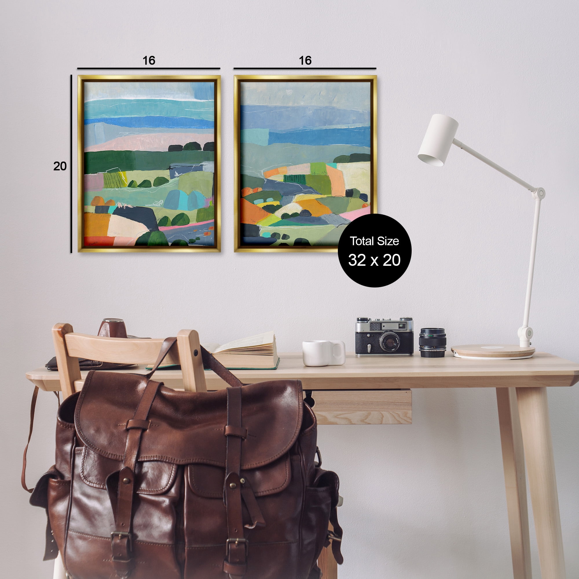 Stupell Industries Modern Farmland & River Landscape Painting Gold Floater Framed Canvas Art Print Wall Art, 17 x 21, Set of 2