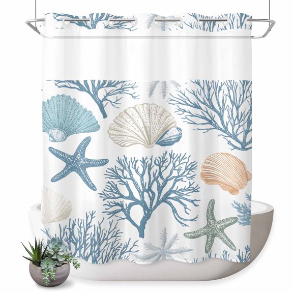 No Hook Shower Curtain, Blue Coastal Shower Curtains for Bathroom with See Through Top Window, Nautical Coral Beach Starfish Waterproof & Washable Bath Curtain Standard 72"x72"