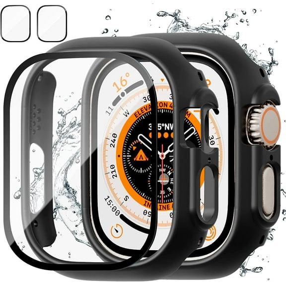 2 2 Pack Case for Apple Watch 49mm Screen Protector, 2 Hard PC Protective Bumper Case 2 HD Tempered Glass Screen Protector All Around Film Cover for iWatch 49mm Accessories,Black Black