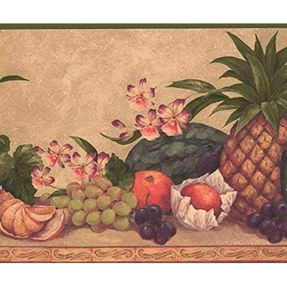 Concord Wallcoverings Wallpaper Border Fruits Pattern Grape Watermelons Pineapple Plums Tangerine Flowers for Kitchen, Brown Beige Green Red Purple , 10.25 Inches by 15 Feet AW0567B