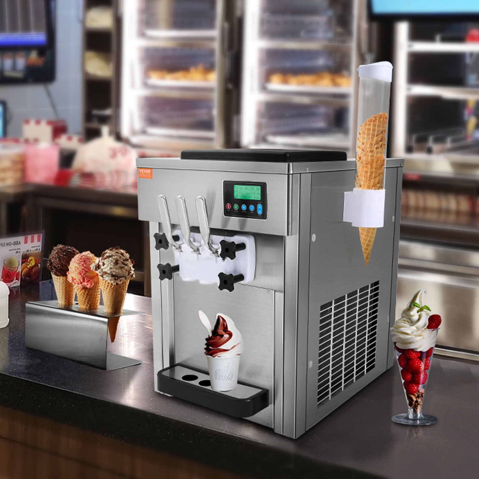 KFFKFF  Commercial Soft Serve Ice Cream Maker   5.3-7.4gal/20-28L/H Yield 3 Flavor 4L/1.1gal Cylinder Restaurants Snack Bar supermarkets