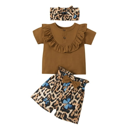 

EHTMSAK Newborn Infant Baby Toddler Girl 3PCS Outfits Ruffle T Shirts and Shorts Set Leopard Summer Clothing Set Short Sleeve with Headband Brown 0-2Y 73