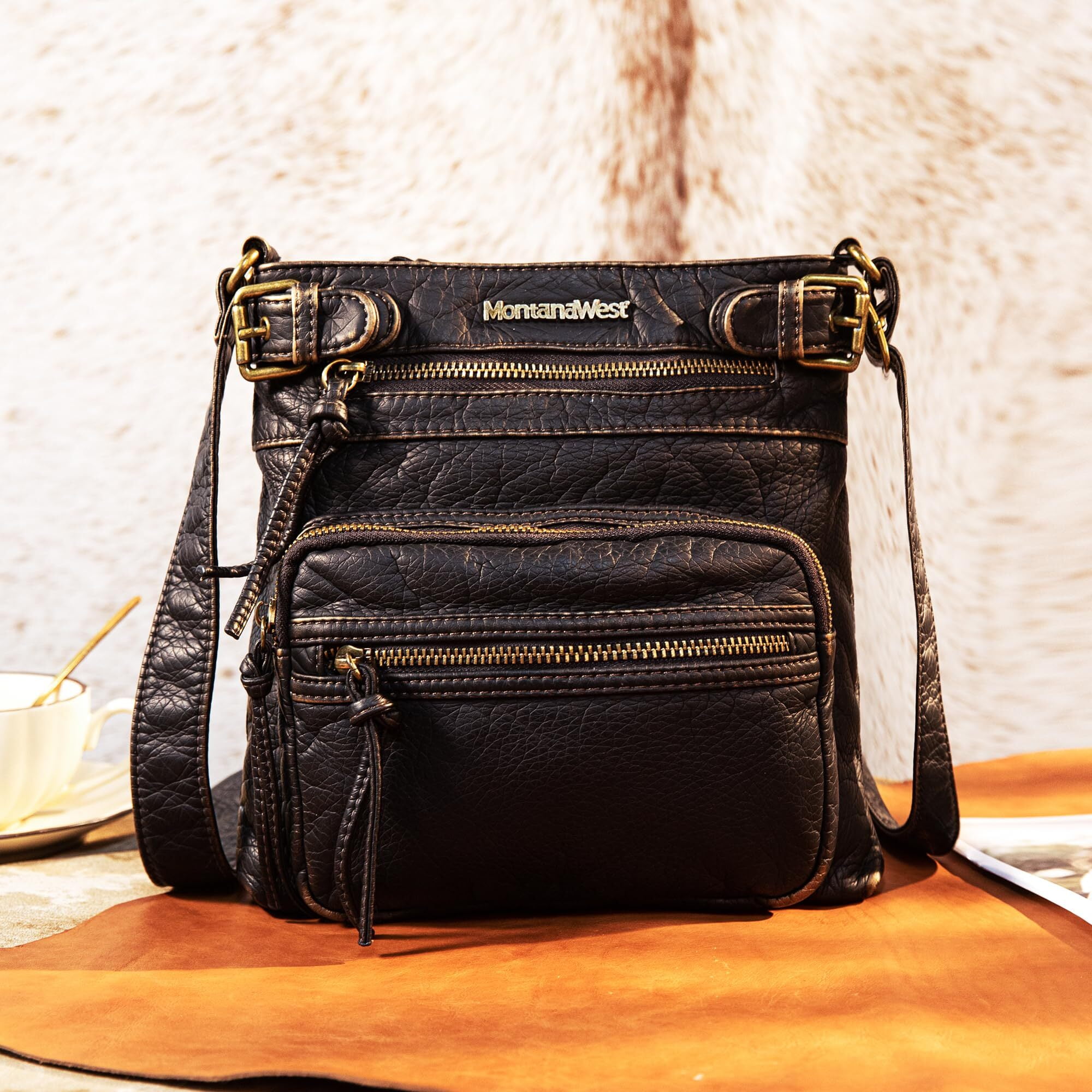 Montana West Crossbody Bag for Women Multi Pocket Shoulder Bags Medium Travel Purses Ultra Soft Washed Leather, Bronze