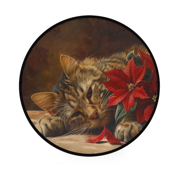 BZSMCE Round Decorative Floor Mat Cozy Cat with Florals Pattern 36.2IN