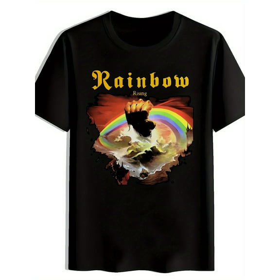 Men'S Retro Rock Band Graphic T-Shirt - "Rainbow Rising" Design with Fist & Rainbow, Black Polyester Crew Neck Short Sleeve Tee, Perfect for Summer, Travel, Beach, and Festivals, Rock T Shirt