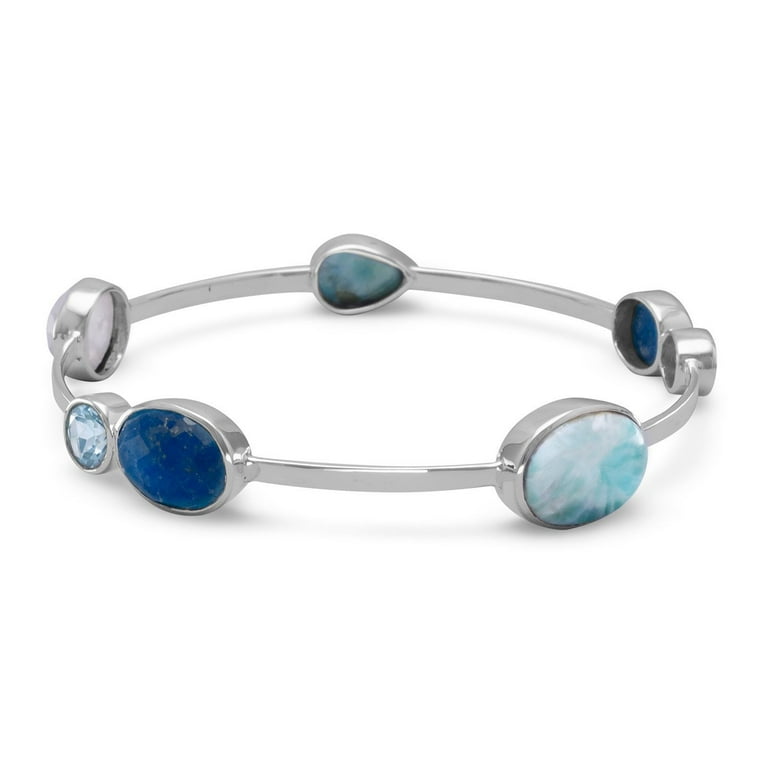 Sterling Silver Larimar, Blue Topaz, Aventurine and Rainbow Moonstone Bangle Bracelet Sterling Silver Larimar, Blue Topaz, Aventurine and Rainbow Moonstone Bangle Bracelet