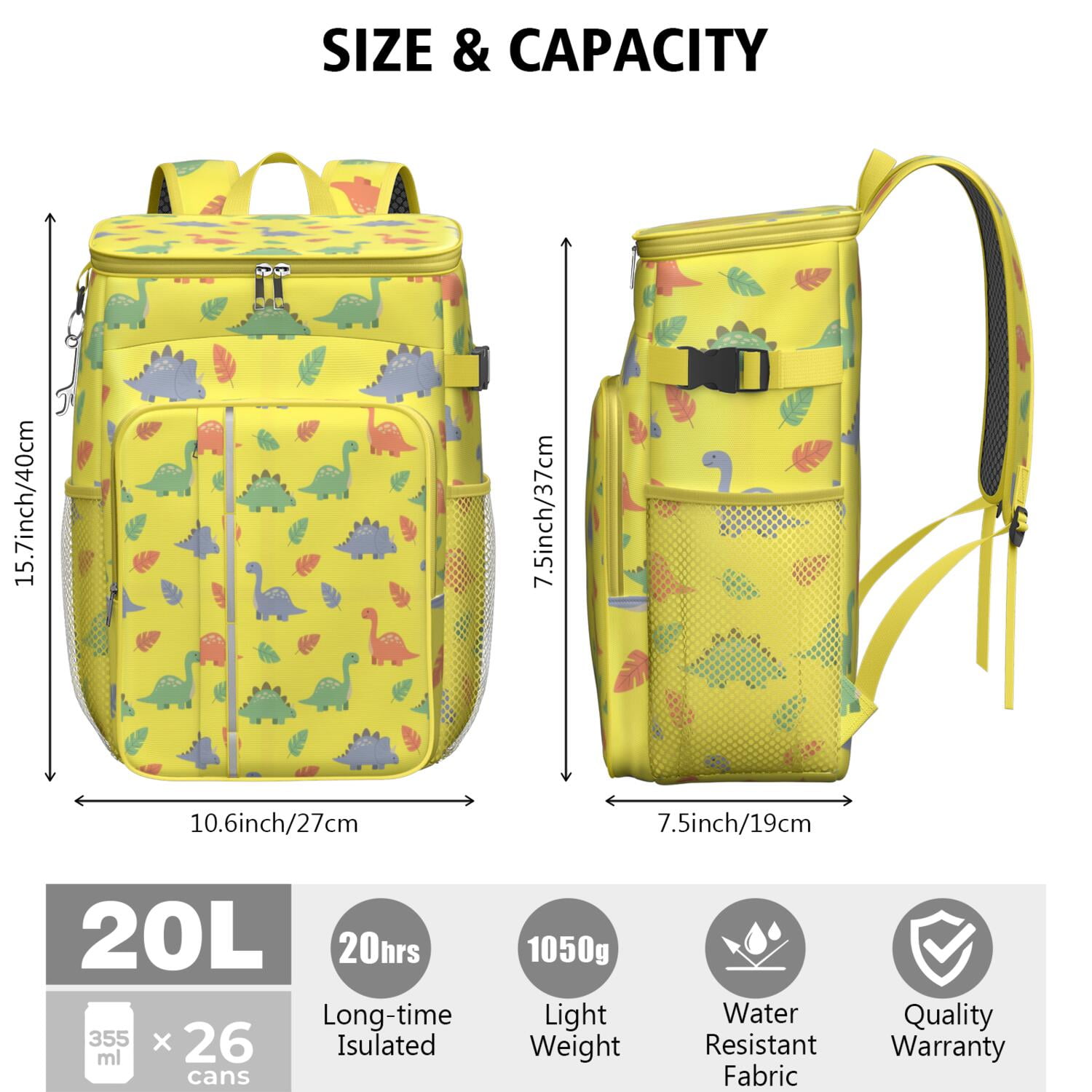 Travel Cooler Bag - Yellow Cartoon Dinosaurs Leaves Pattern Camping Beer Cooler Backpack with Bottle Opener- Waterproof Insulated Picnic Backpacks - Cooler Bag for Beach