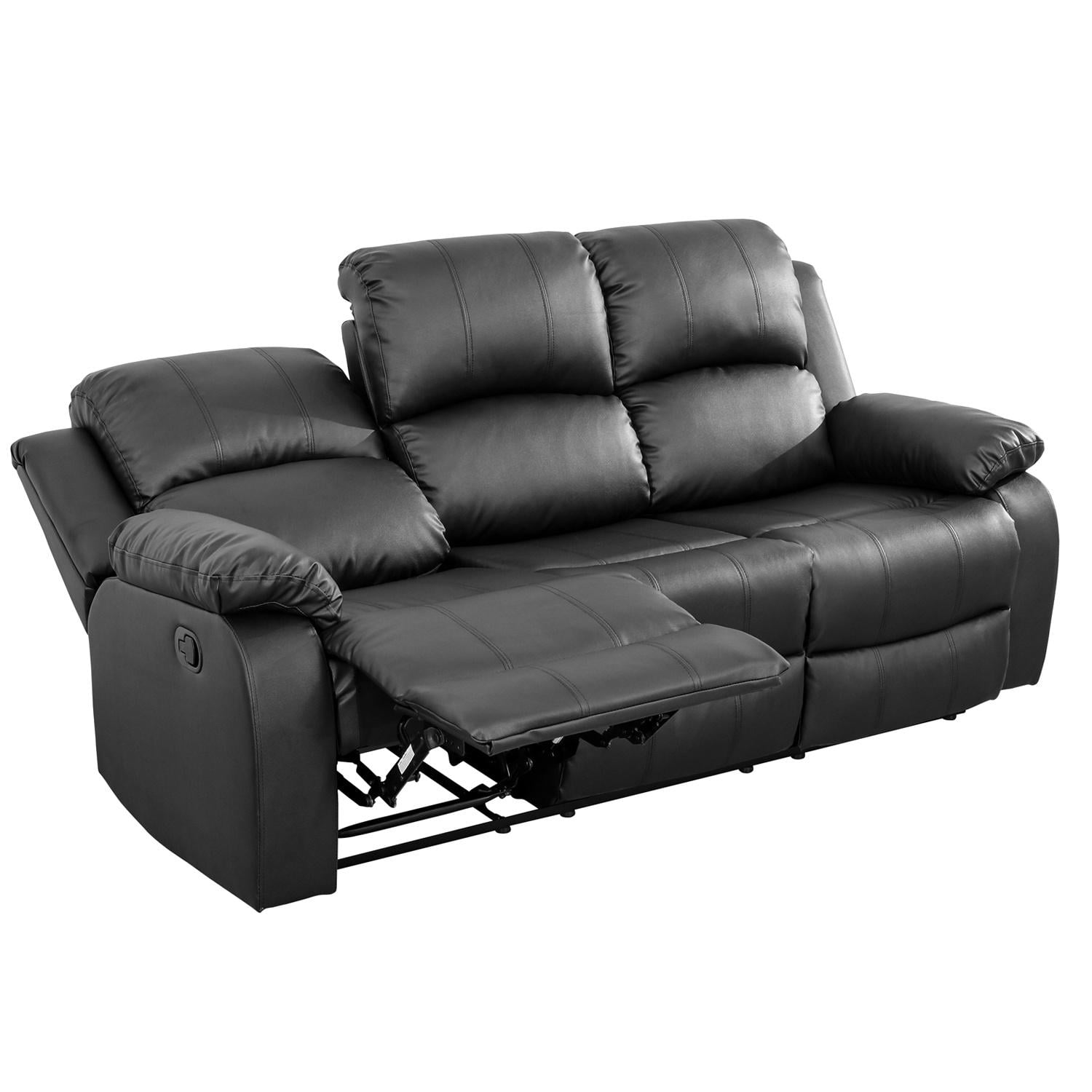 Gewnee Faux Leather Upholstered Manual Reclining Sofa with 3 Recliners and Cup Holders,Black
