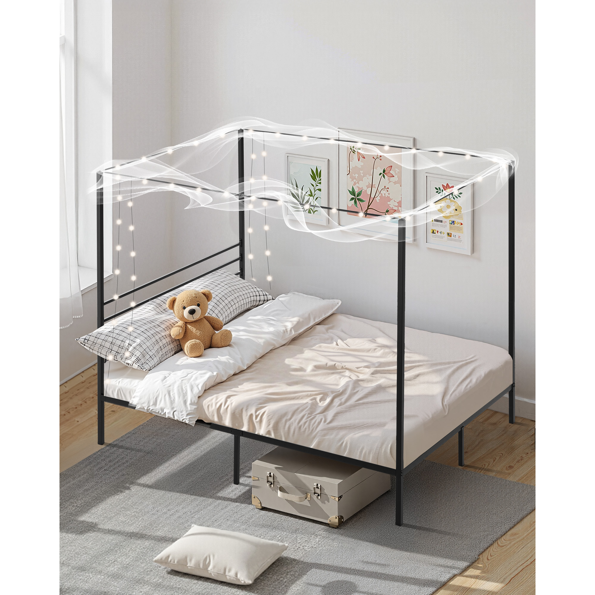KFFKFF Full-Size Canopy Bed Frame for Bedroom, Durable Steel Bed Frame,  No Box Spring Required, Underbed Storage, Simple Assembly, Black