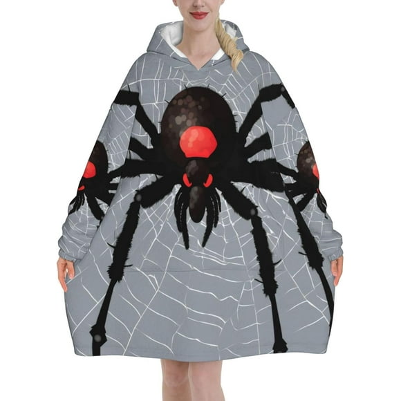Oversized Blanket Hoodie, Black Spider Print Comfortable Flannel Super Soft Warm Blankets Hooded Sweatshirt For Unisex Adult Women Men, With Pocket Loose