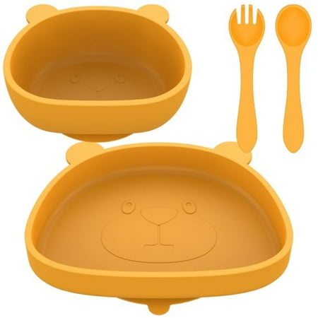 

JUNWELL 4 Piece Kids Dinnerware Set Silicone Kid Plates and Bowls Set Baby Dishes Divided Toddler Plates for Child Cartoon Pattern Design bear