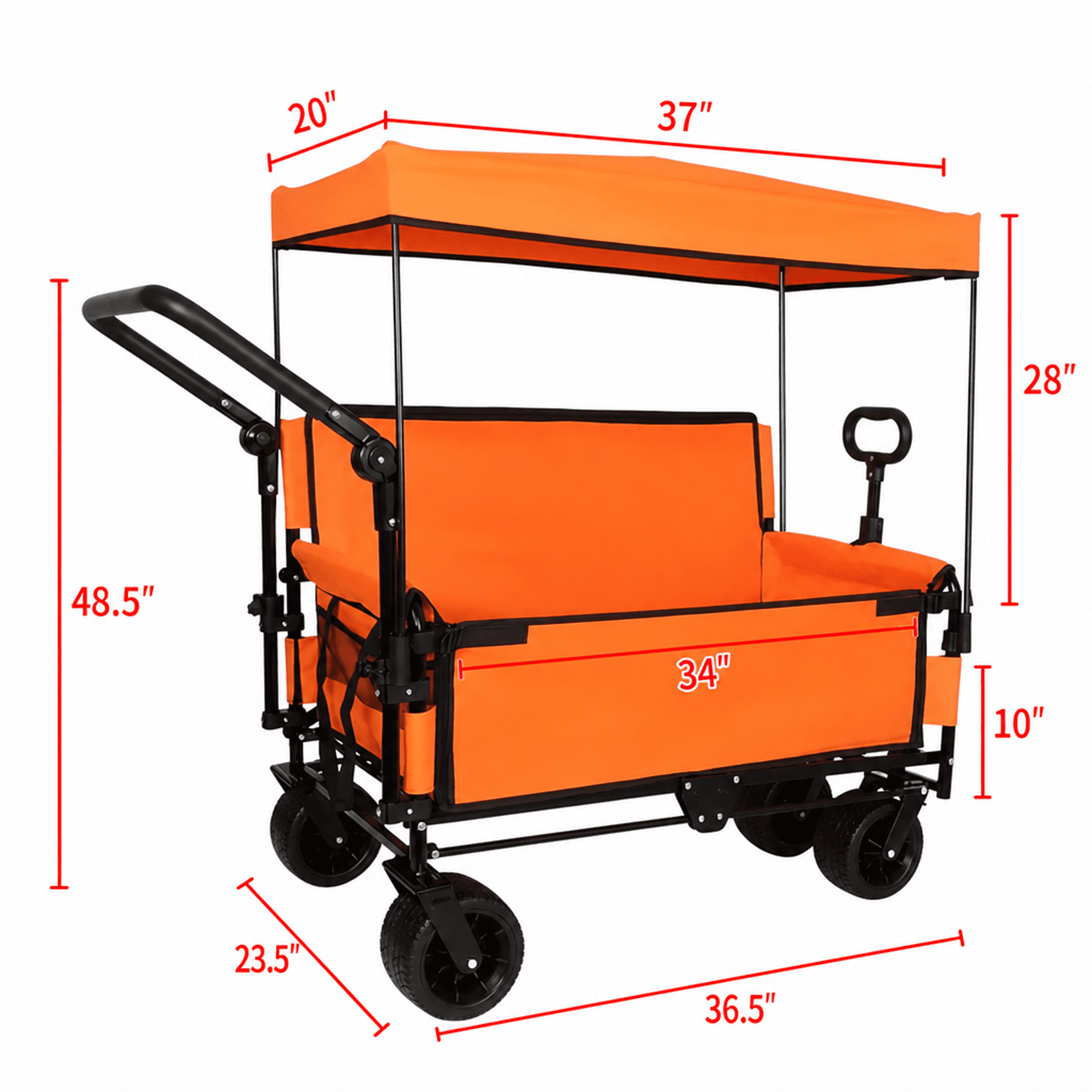 3-in-1 Folding Wagon Cart with Bench Seat & Canopy, 500lbs Heavy-Duty, 180L All-Terrain Utility Wagon for Camping Beach Sports Garden, Orange