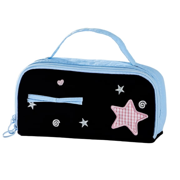 Large Capacity Pencil Case,Cute Plaid Star Embroidery Decor Portable Pencil Pouch for Home Office Workplace,Black