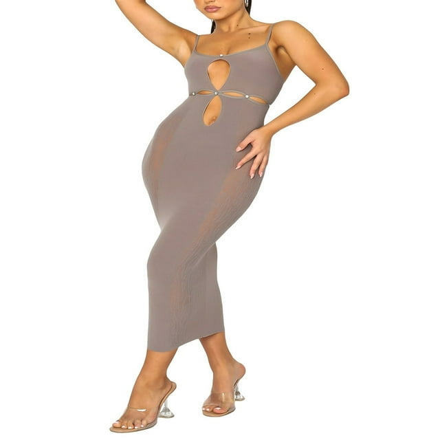 Femmes Spaghetti Sangle Bodycon Midi Robe Creux sur Solide Partie Robe Sling Club Beachwear