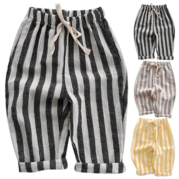 LYHaoo Toddler Kids Minimalist Striped Pants Elastic Waist Drawstring Pants for Boys Girls(Black)