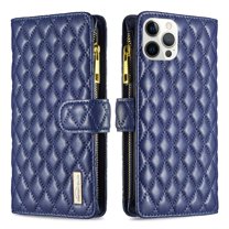 TECH CIRCLE Zipper Wallet case for iPhone 12 Pro Max, Stylish Argyle Pattern PU Leather Wallet case with Handstrap Kickstand Card Slots Magnetic Closure Shockproof Case For iPhone 12 Pro Max,Blue