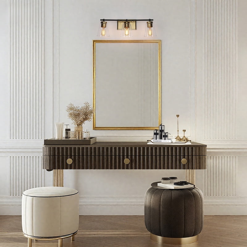 LNC 3-Light Bathroom Vanity Light with Seeded Glass Shades,Modern Black and Gold Finishes