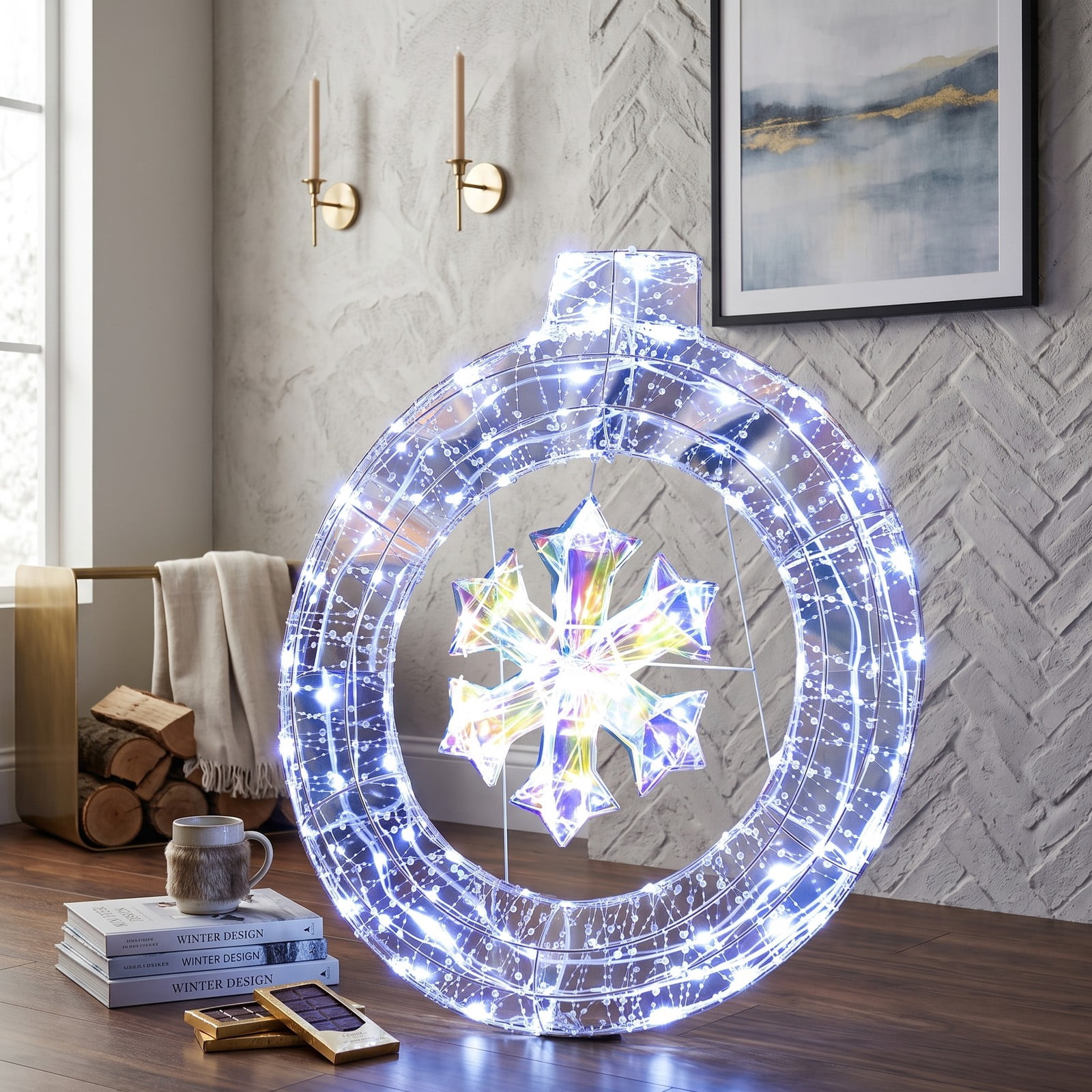 RUIE 33 Inch Lighted Christmas Snowflake Ornament with 128 Cold White LED Lights, Hanging Ring and Support Bracket for Indoor Outdoor Holiday Door Decoration, Cold White