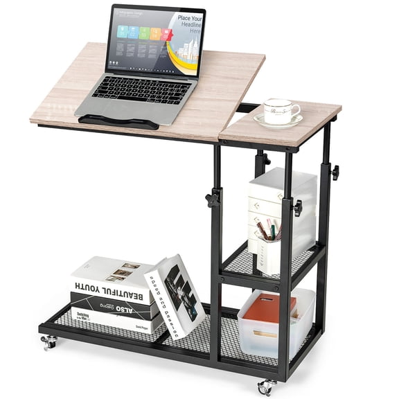 Gymax C Shaped Side Table with Wheels Height and Tabletop Adjustable Storage Shelf
