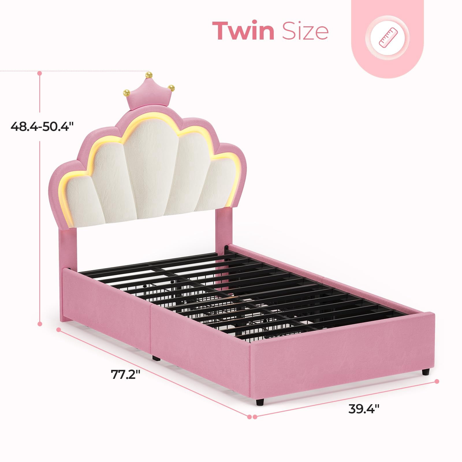 Twin Bed Frame with 4 Drawers, LED Lights Headboard,Twin Girl Bed Princess Velvet Upholstered Platform Bed,Heavy Steel Slats Support, Pink