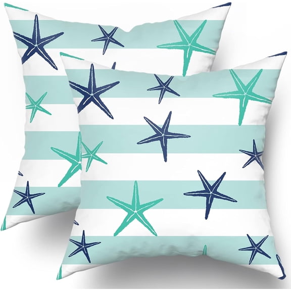 Coastal Throw Pillow Covers Ocean Green and Blue Starfish Pillowcases 16x16 Inch Nautical Beach Decorative Sea Stripe Cushion Covers for Outdoor Indoor Home Sofa Bedroom