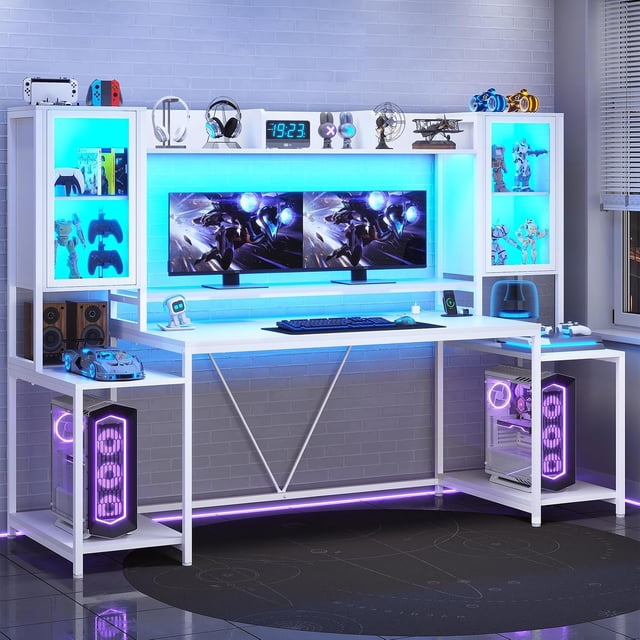 Zocalo Escritorio Gamer Para Pc 190cm Con Luces, Enchufes, Estantes - Blanco