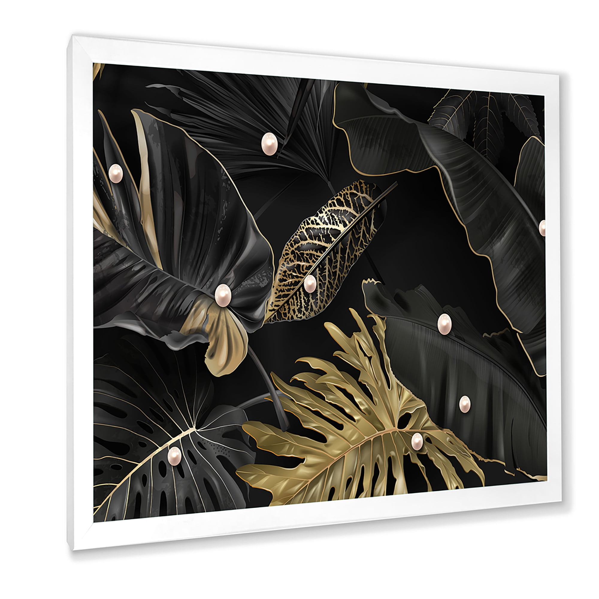 Designart 'Gold and Black Tropical Leaves III' Modern Framed Art Print