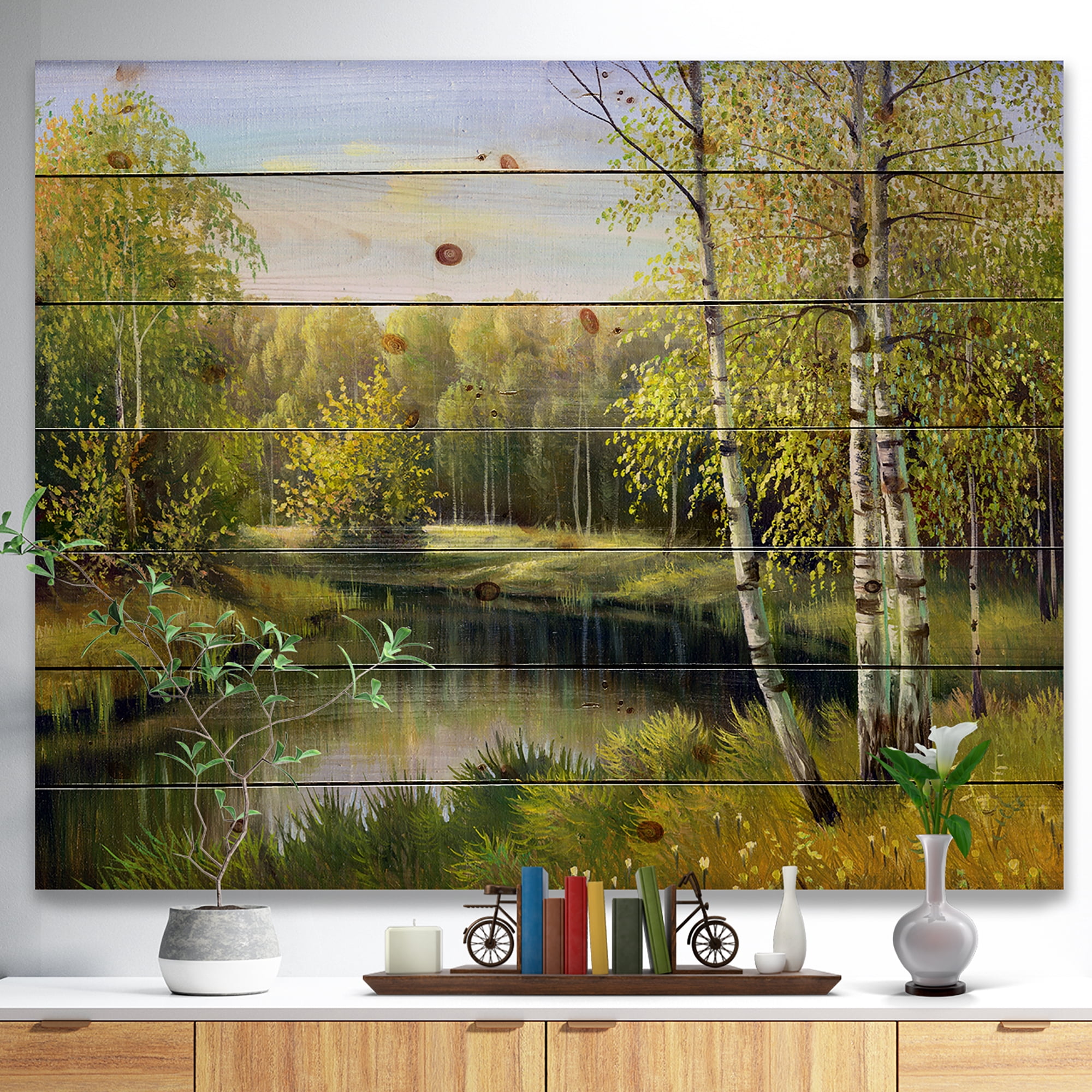 Designart 'Quiet Autumn River' Landscape Print on Natural Pine Wood
