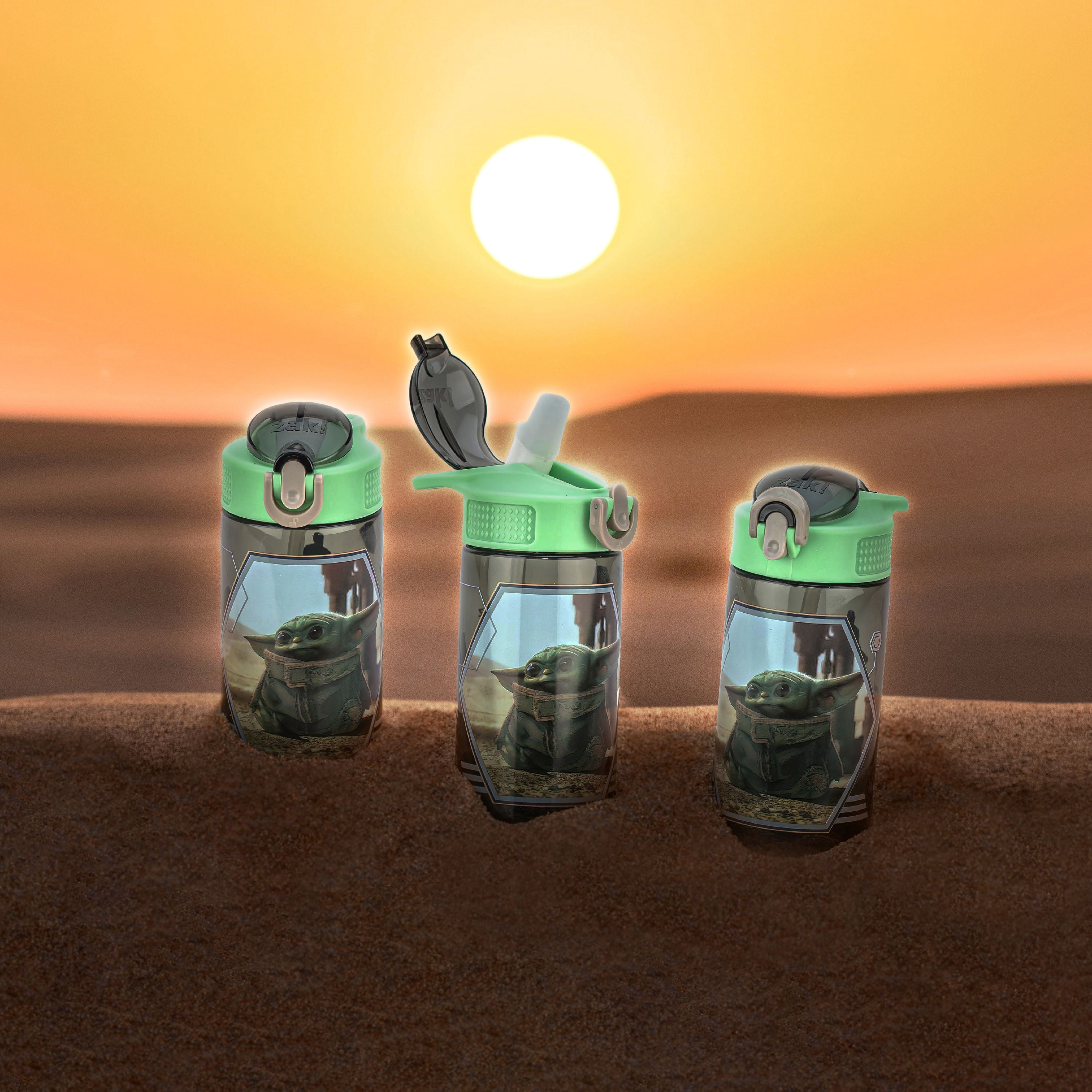 Zak Designs 2pc 16 oz Star Wars Kids Water Bottle Plastic with Push-Button,The Mandalorian Baby Yoda