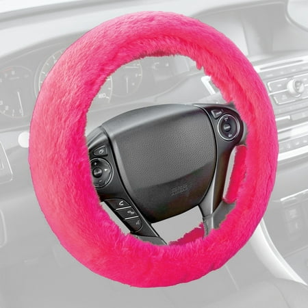 BDK Fantastic Fleece - Faux Sheepskin Wool Steering Wheel Cover for Car Truck SUV Van Auto - Ultra Comfort for Your Hands - Standard Size 14-15.5" (Hot Pink)