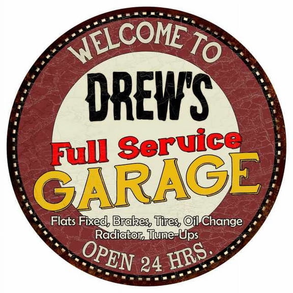 Drew's Full Service Garage 14" Round Metal Sign Man Cave Decor 100140037054