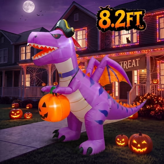 Glazina 8.2ft Halloween Inflatable Purple Pirate Dinosaur with Pumpkin, Built-In LED Lights, Outdoor Halloween Blow Up Yard Decoration