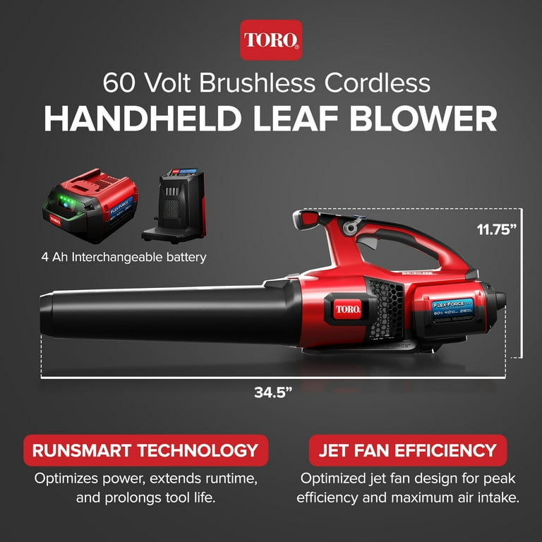 Toro 60 Volt Brushless Cordless Leaf Blower w 4 Ah Battery and Charger