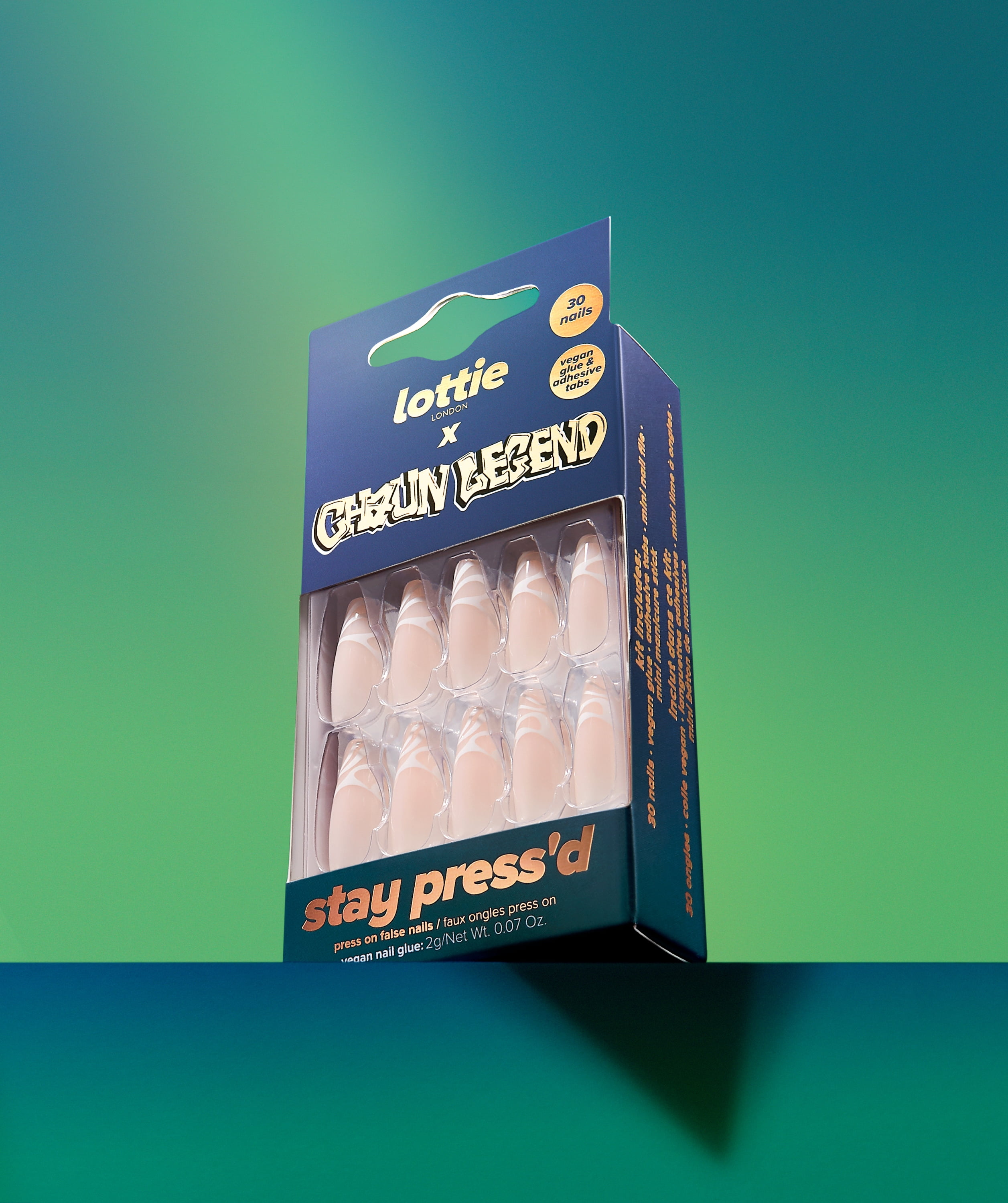 Lottie London x Chaun Legend Stay Press'd, Press On Nail Set, French Twist, 30 Coffin Shape Nails