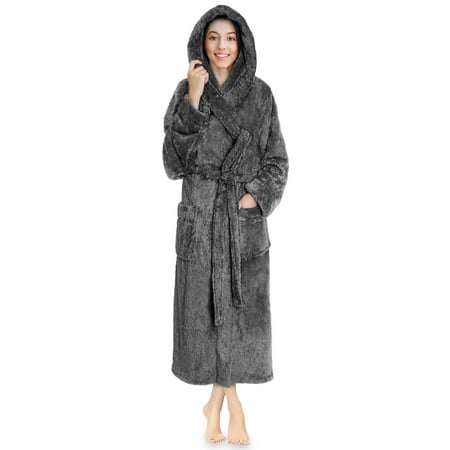 

PAVILIA Women Hooded Plush Soft Robe | Fluffy Warm Fleece Sherpa Shaggy Bathrobe (L/XL Gray)