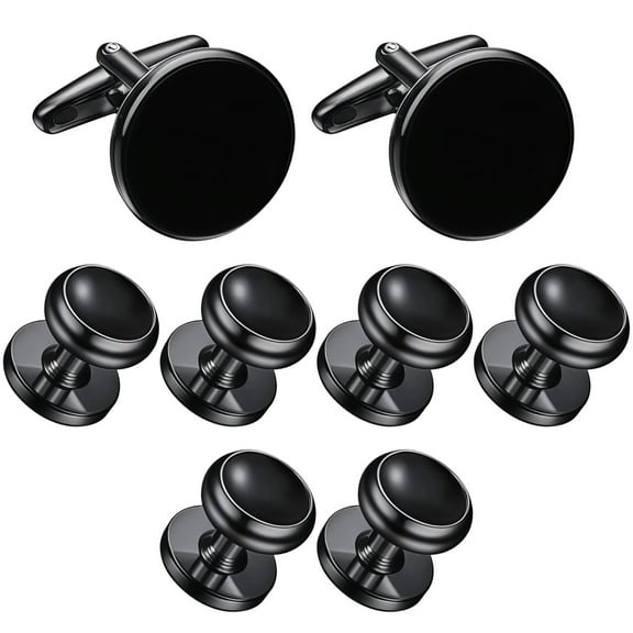 8 Pcs Men's Cufflinks Set, Black Round Cufflinks and Studs for Tuxedo, Smooth Finish, Quality Copper, Elegant Modern Design for Formal Occasions