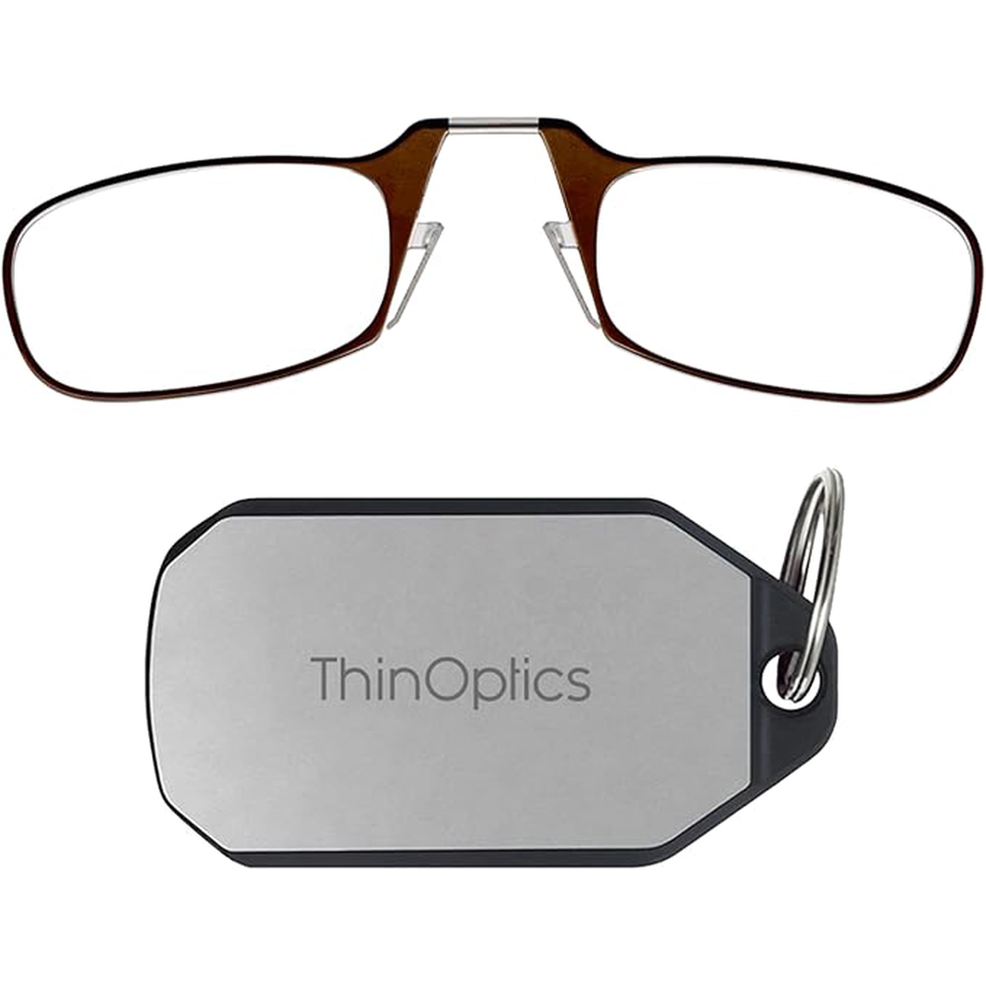 Always With You by ThinOptics Keychain Reading Glasses - Slim, Folding Armless Pocket Readers with Protective Keychain Case - Lightweight, Durable & Convenient - Silver, Brown 1.0x