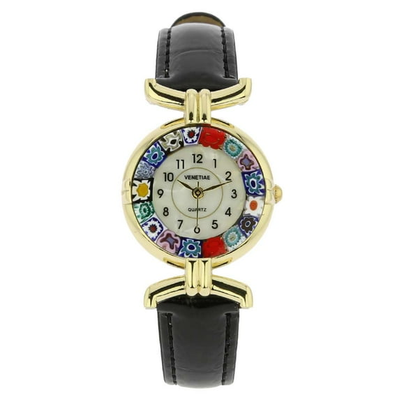 GlassOfVenice Murano Glass Millefiori Watch with Leather Band - Black Multicolor