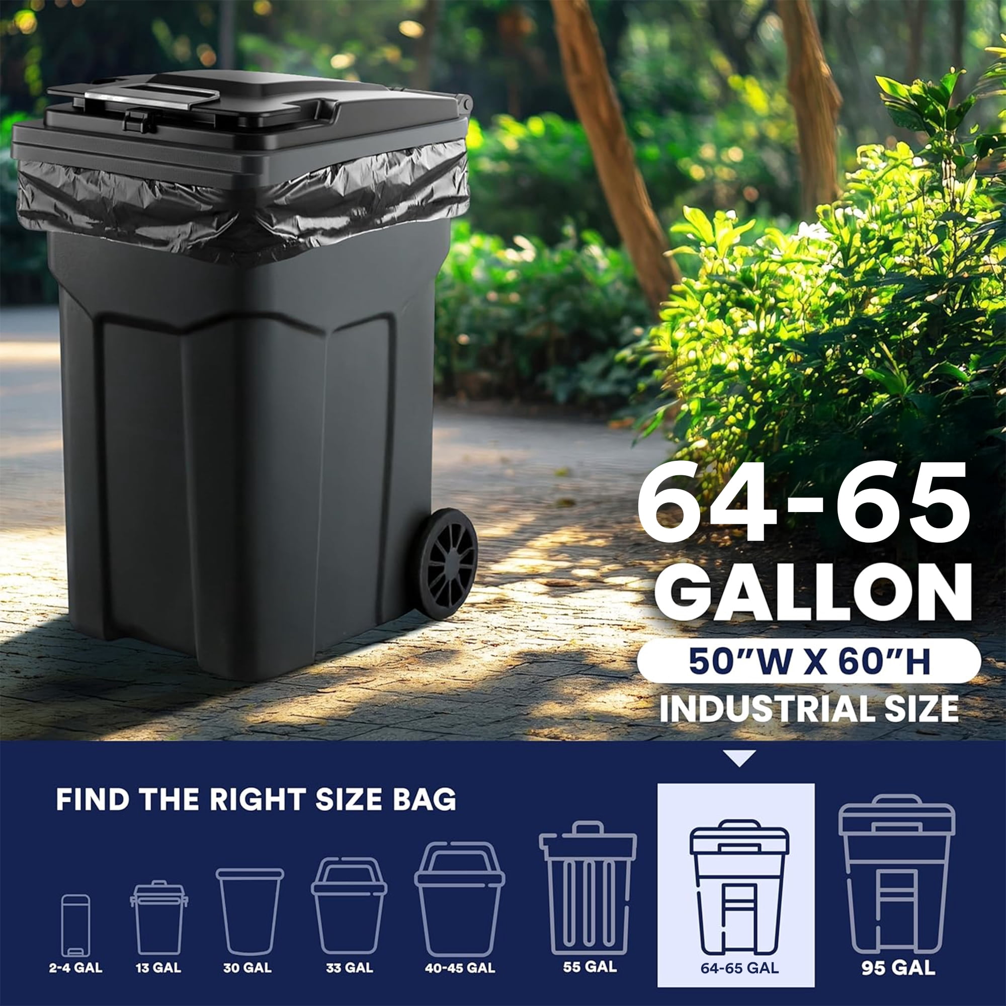 Plasticplace 64-65 Gallon Black Trash Bags, Heavy Duty Toter Can Liners, Tear & Leak-Proof, Industrial Strength, 25 Count, Large Garbage Bags for Kitchen & Commercial Use 1.2 Mil, 50" x 60"