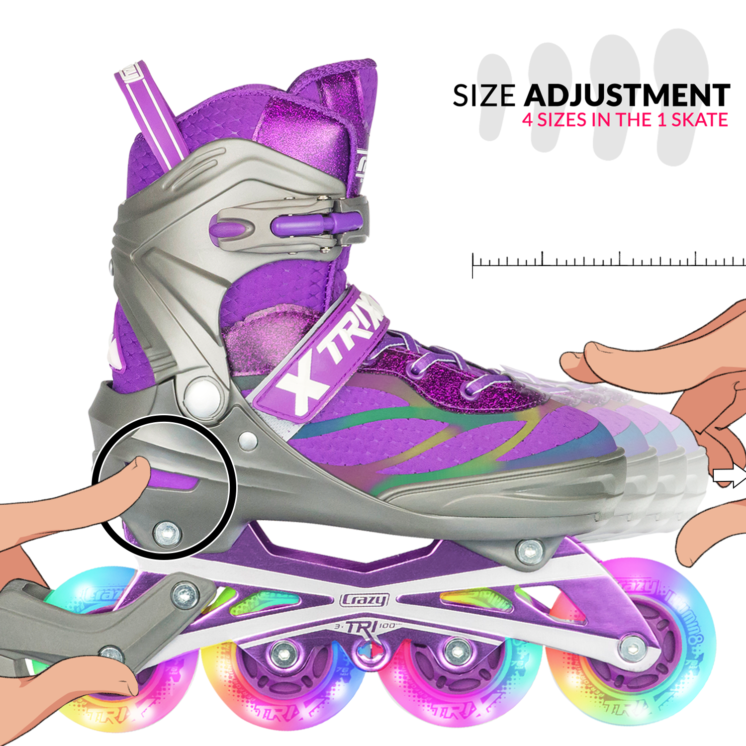Crazy Skates Trix Size Adjustable Inline Skates with Light Up Wheels - Available with 3 or 4 wheels