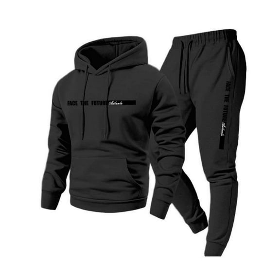 Wutalume Men's Leisure Solid Color Hooded Sweatshirt Set with Drawstring Design, Fleece-Lined for Extra Warmth, Ideal for Casual Outings and Light Sports,Black L