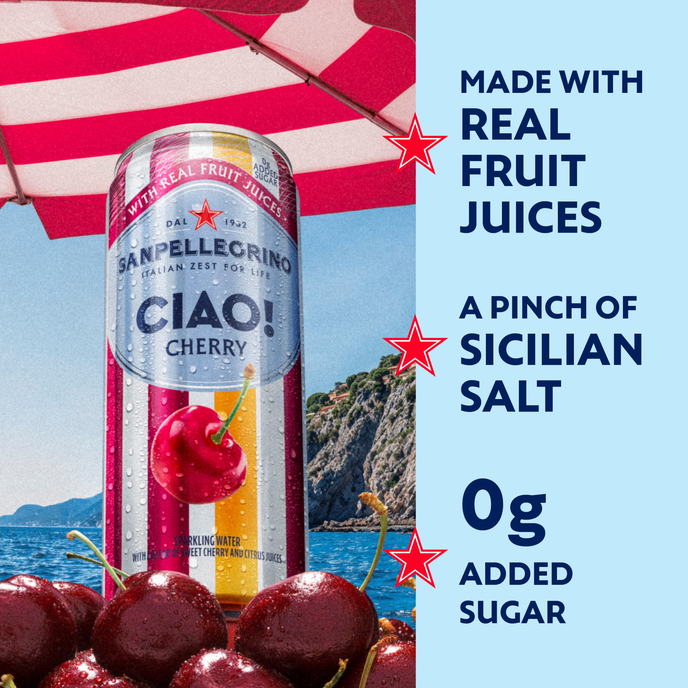 Sanpellegrino CIAO Cherry Sparkling Flavored Water with Real Fruit Juices, 24-Pack
