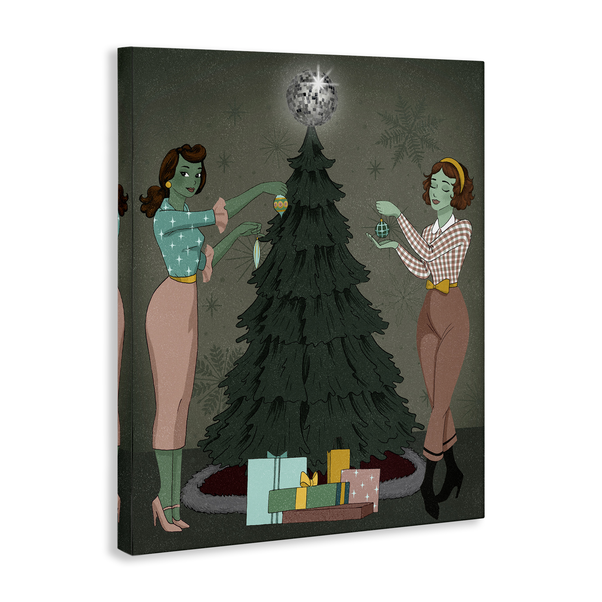Stupell Industries Girls & Christmas Tree Holiday Painting Gallery Wrapped Canvas Art Print Wall Art, 30 x 40