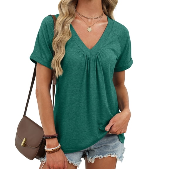 ClodeEU Womens Oversized V Neck Short Rolled Sleeve T Shirts,Summer Loose Fit Tee Green,Womens Plus XXL