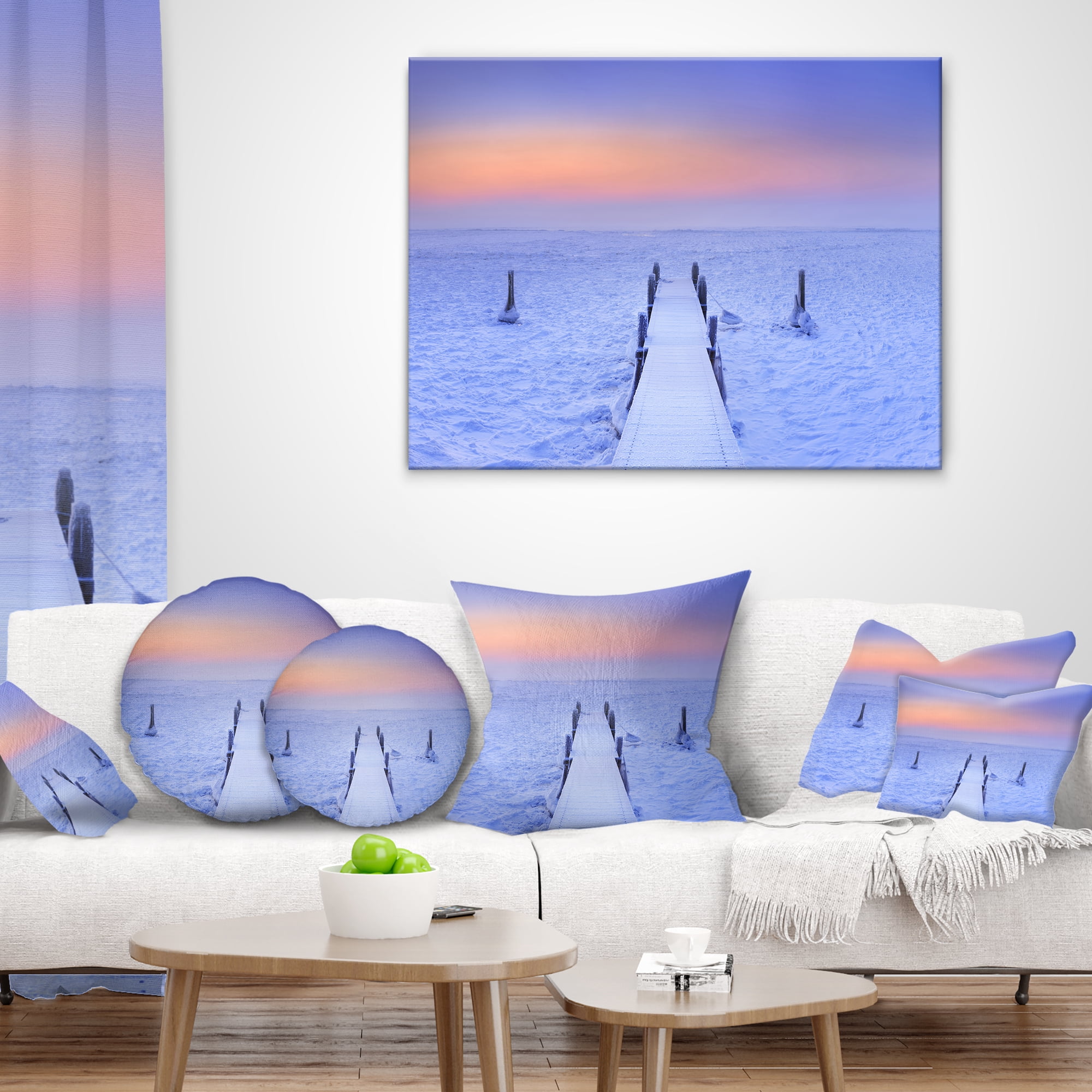 Designart Jetty in Frozen Lake Netherlands - Wooden Sea Bridge Throw Pillow - 12x20