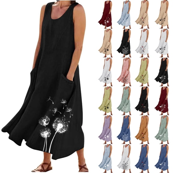 Horkkom Maxi Dresses for Women Summer Sleeveless Linen Dress Casual Floral Print Long Dresses with Pockets L