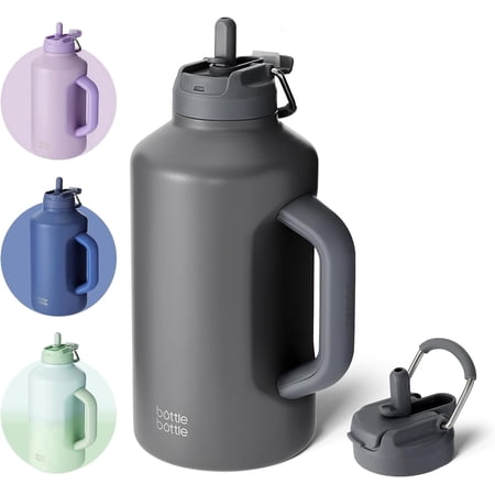 BOTTLE BOTTLE Insulated Water Bottle 64 oz with Straw and Dual-use Lid Stainless Steel Water Bottle for Men with Handle Vacuum Insulated Beer Growler for Workout Sports Soccer Gray